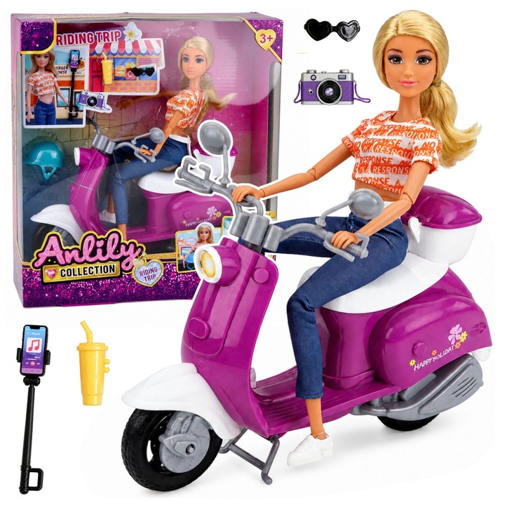 Papusa Anlily 30 cm calatoare, cu scuter violet-alb, casca, ochelari de soare, bautura si suport de telefon, LEAN Toys 30149