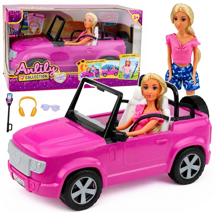Papusa Anlily 30 cm in cabrioleta violet de 36, 5 cm, cu ochelari si casti, seria Off Road, LEAN Toys 29996