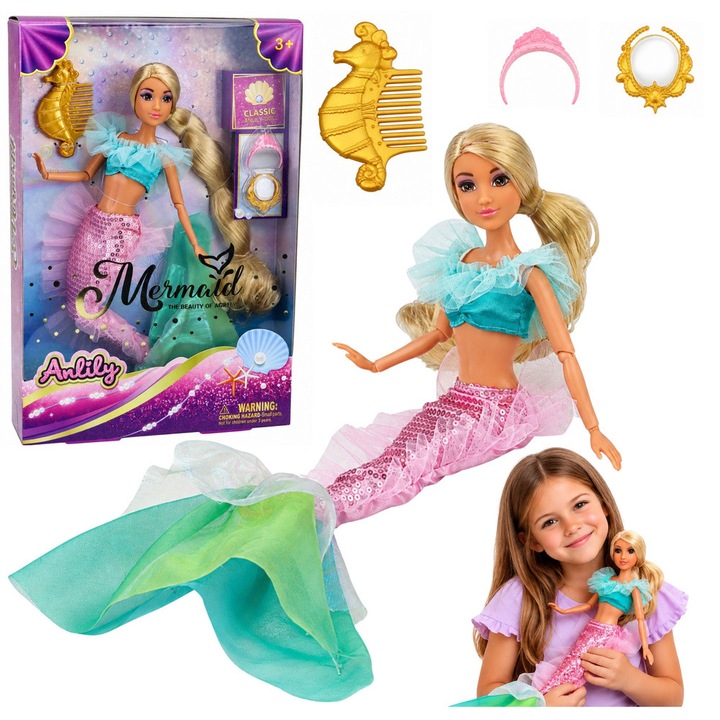 Papusa Anlily sirena 30 cm, cu par lung blond, coada roz cu paiete si inotatoare turcoaz, pieptene calut de mare, oglinda si bentita, LEAN Toys 30048