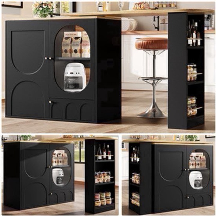 Masuta bar rotativa Corenia QRE-2063513, 360° rotativa, MDF cu cadru metalic, 3 usi cu separatoare detasabile, insertie de sticla, negru cu blat stejar, 138x39x105 cm