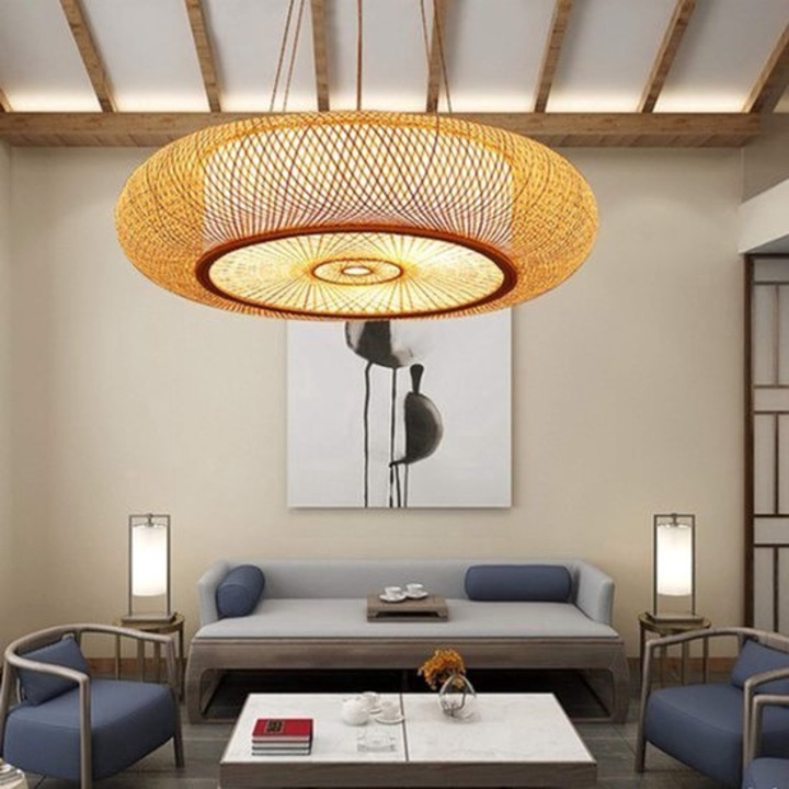 Suspensie Corenia QRE-2097463 din bambus si lemn, abajur impletit, E27, natural, O50 cm
