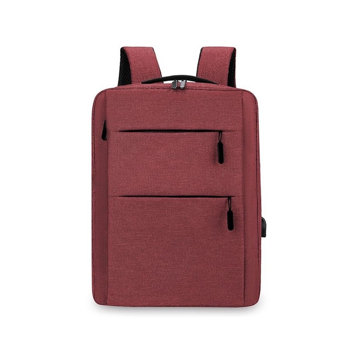Rucsac laptop din poliester, capacitate mare, cu port USB pentru incarcare, spate buretat respirabil si curele reglabile, rosu, 30x20x8 cm