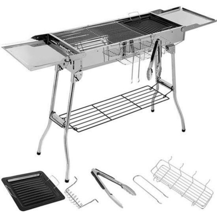 Gratar pe carbune Corenia QRE-2070257, inox cu tavi laterale rabatabile, tava antiaderenta, ventilatie reglabila, portabil, argintiu, 73 x 30 x 73 cm