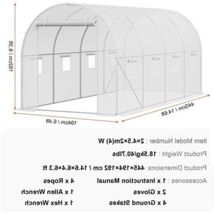Sera tunel Corenia QRE-2064386, cadru din otel galvanizat O24 mm, husa PE 140 g/m² rezistenta la UV, 6 ferestre cu plasa, usa rulanta cu fermoar, alb, 345 x 195 x 192 cm