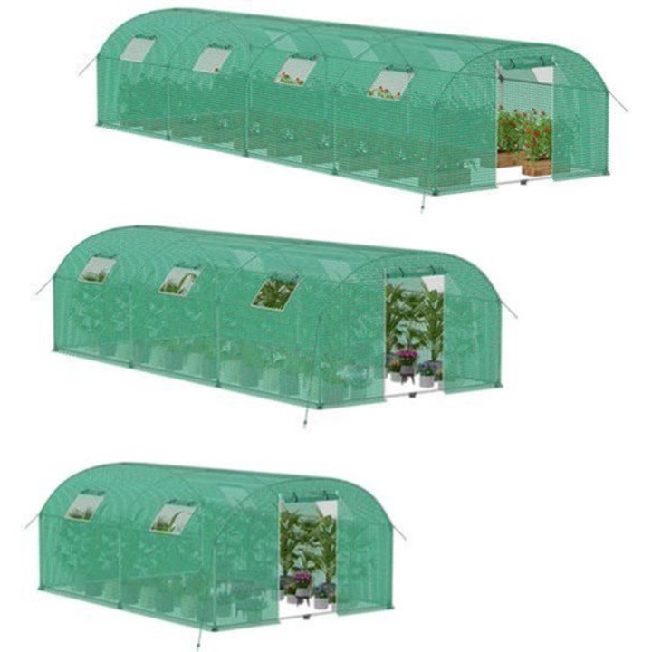 Sera de gradina Corenia QRE-2064434, cadru din otel galvanizat, folie HDPE+LDPE, 4 ferestre cu plasa anti-insecte, usa rulanta 95x180 cm, verde, 3x4x2 m