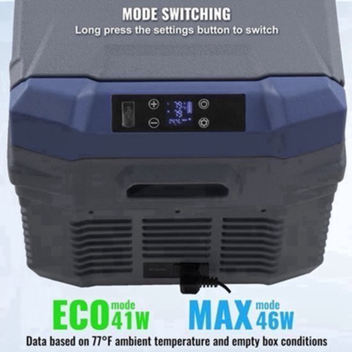 Frigider portabil Corenia QRE-2064678, compresor dual zone −20°C pana la +20°C, 12/24V DC si 100–240V AC, silentios max. 45 dB, 25 L, gri/albastru