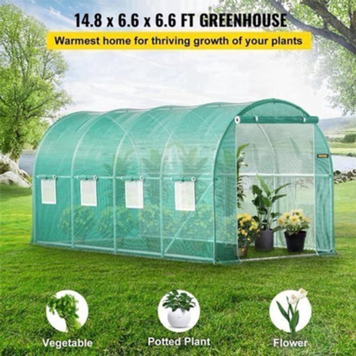 Sera tunel Corenia QRE-2064579, walk-in cu cadru din otel galvanizat, husa PE rezistenta la apa si UV, usa cu fermoar si ferestre de ventilare, verde, 3,05 x 2,13 x 2,13 m