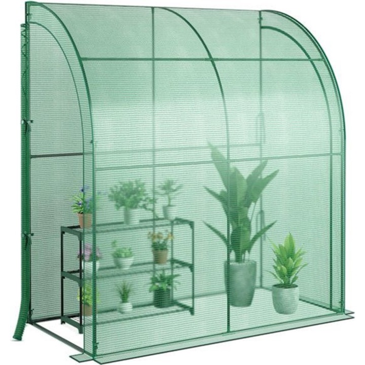 Sera tunel Corenia QRE-2065079, folie PE raster, cu etajera pentru flori si 2 usi rulou, verde, 198.5x98x215 cm