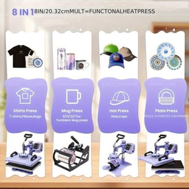 Presa termica 8-in-1 Corenia QRE-2065458, multifunctionala, suprafata 38,1 x 30,48 cm, functie swing-away 360°, afisaj digital timp/temperatura, pentru tricouri/cani/sepci/plate, mov, 220-240V