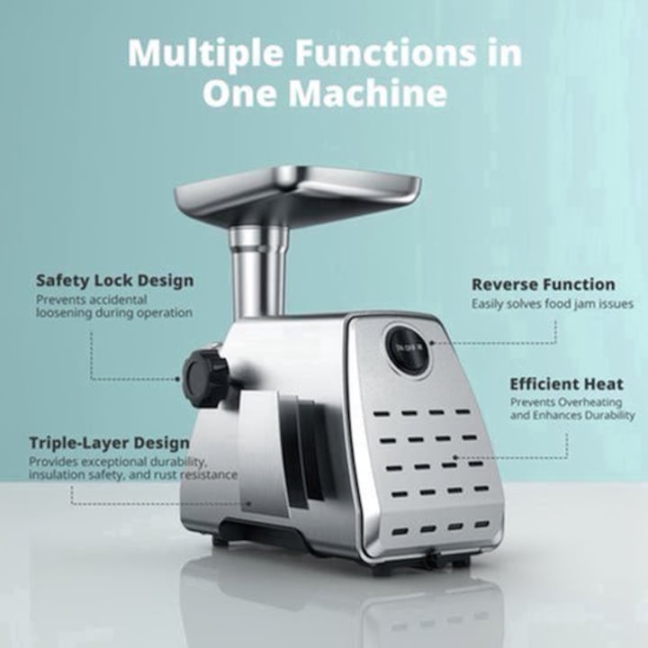 Masina de tocat carne electrica Corenia QRE-2065479, 3-in-1 (tocat, umplere carnati, accesoriu kubbe), inox 304, 2 cutite inox, 3 site (grosier/mediu/fin), motor puternic silentios, functie reverse, argintiu