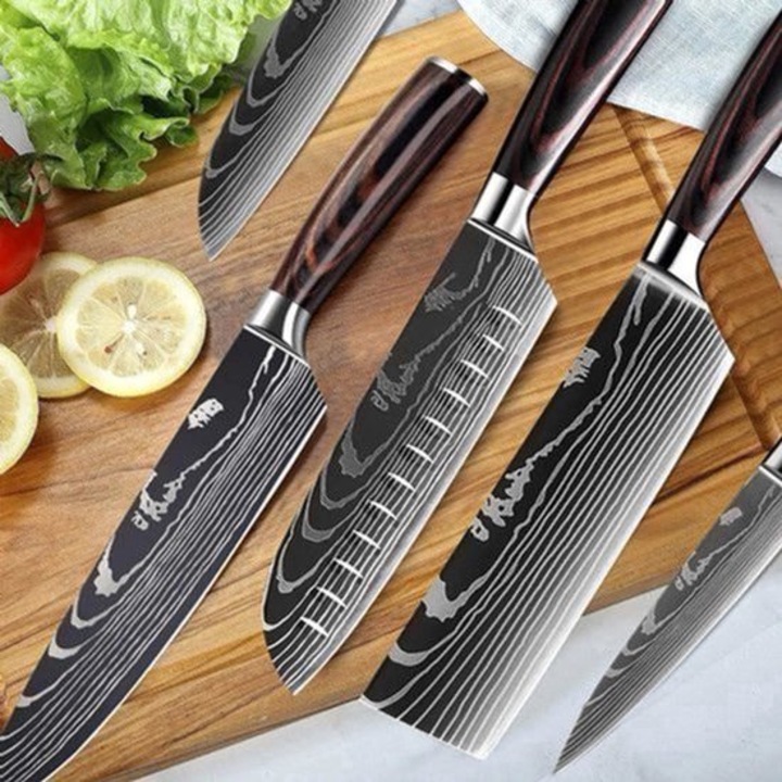 Set cutite de bucatarie Corenia QRE-2065399, lama din otel damasc, include cutit santoku si chef, negru/maro, 6 piese