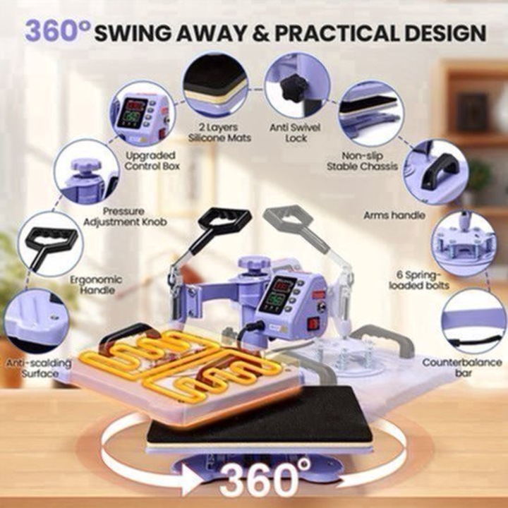 Presa termica Corenia QRE-2065567 8-in-1, platou 38,1 x 30,48 cm, mecanism 360° swing-away, control digital, pentru tricouri, caciuli, cani, mov deschis