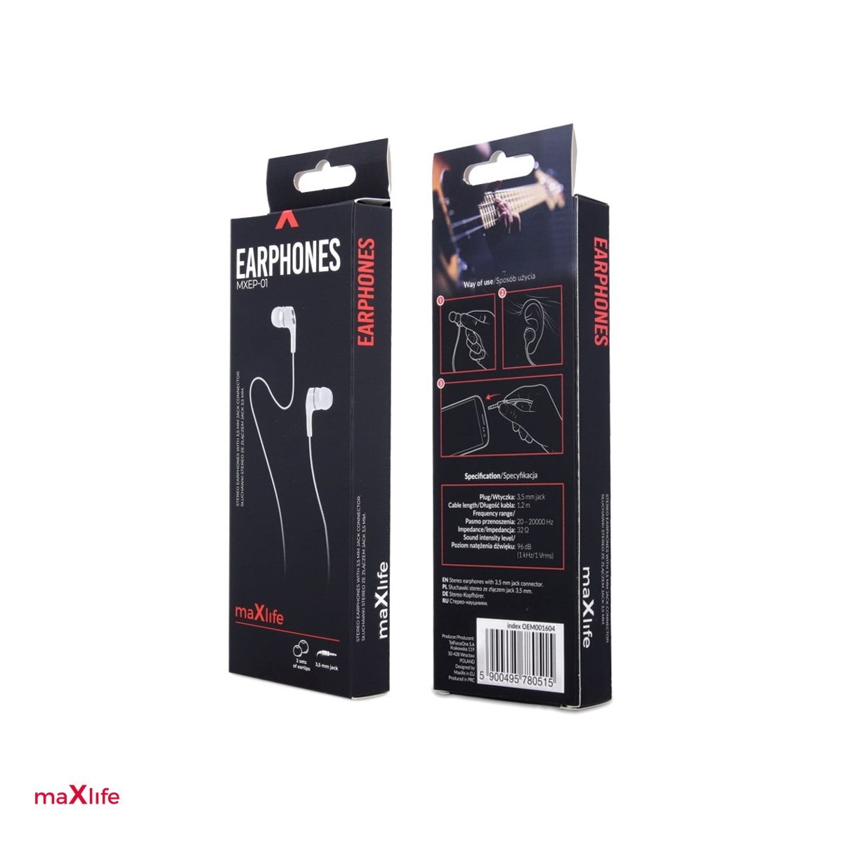 Casti Maxlife cu fir MXEP-01 jack 3, 5 mm, cablu 1m, Alb