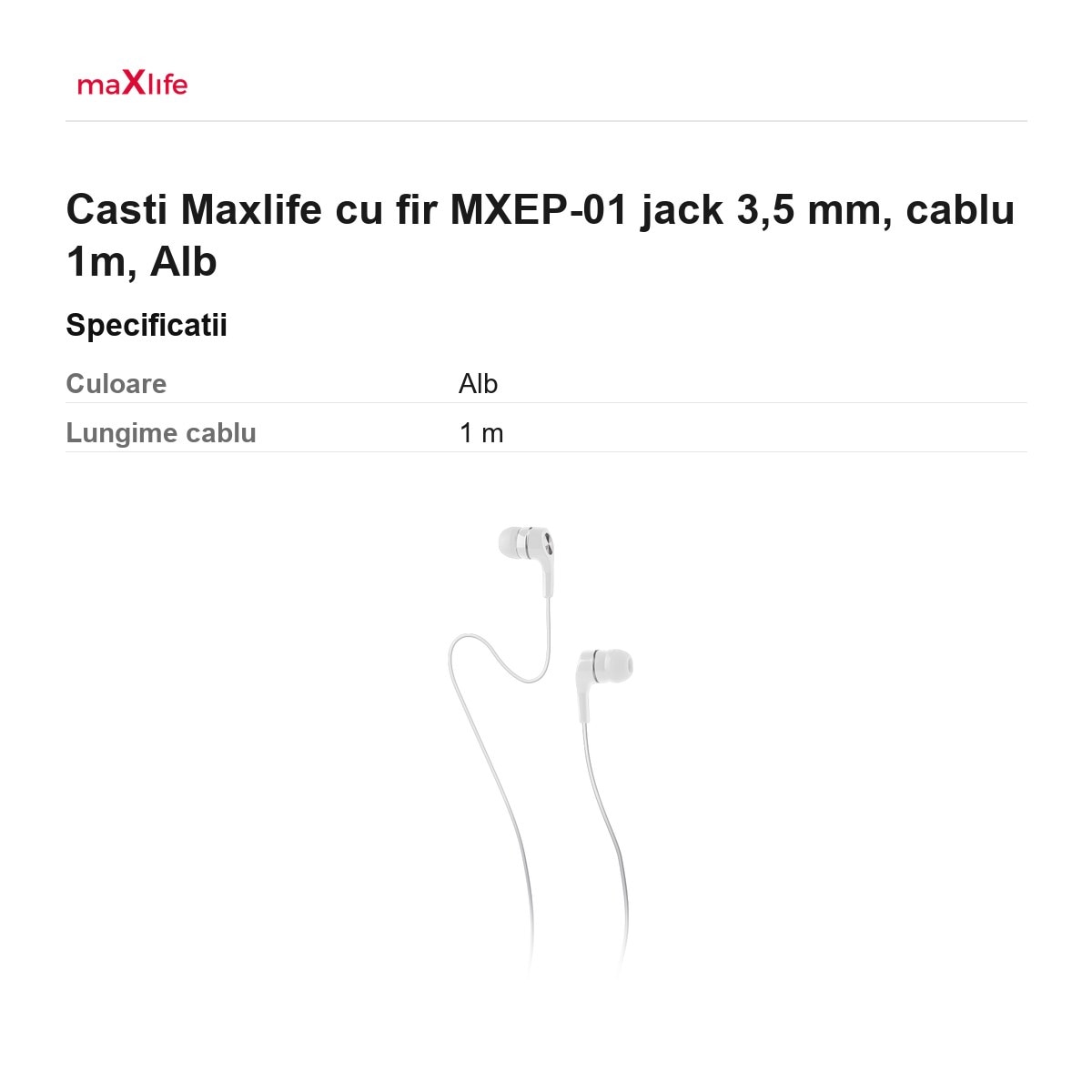 Casti Maxlife cu fir MXEP-01 jack 3, 5 mm, cablu 1m, Alb