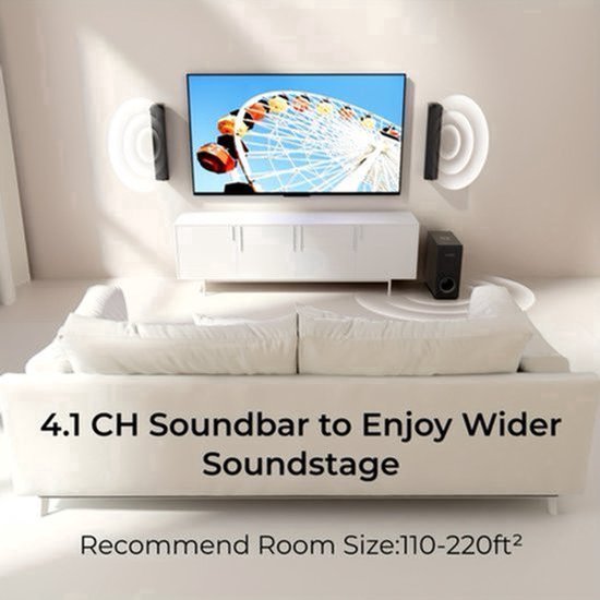 Soundbar Corenia QRE-2065954, 4.1 surround cu subwoofer cablat, Bluetooth 5.3, 200W peak, ARC/optical/AUX/USB, negru