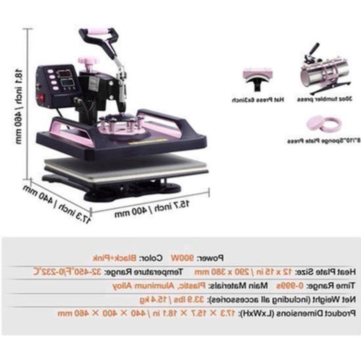 Presa termica 5-in-1 Corenia QRE-4520219, presa transfer digitala 12 x 15 inch (30 x 38 cm), max 250°C, pentru tricouri/moki/sepci, roz