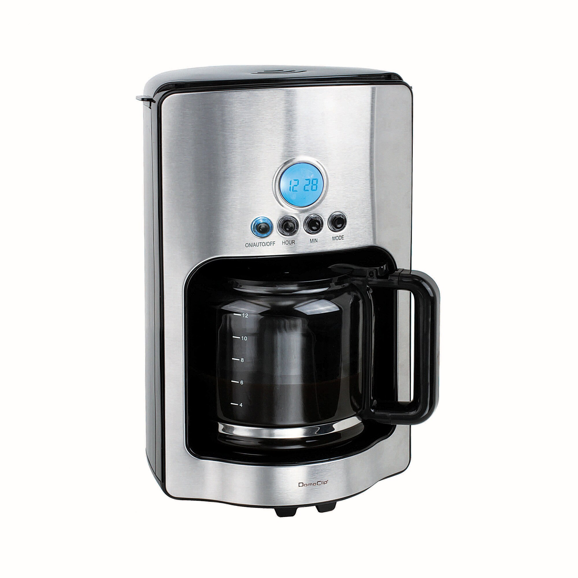 Cafetiera DomoClip DOD154, 1000W, 1.8L, 12 cani cafea, sticla, LCD, Negru/Inox
