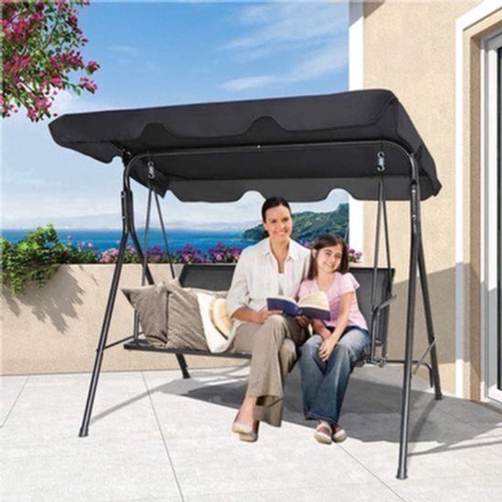 Balansoar de gradina Corenia QRE-2066585, 3 persoane, cadru din otel, copertina reglabila din poliester cu protectie UV, tapiterie Oxford, negru, 170 x 110 x 155 cm