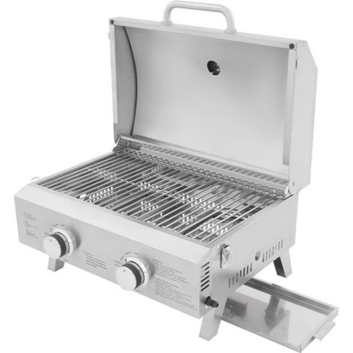 Gratar pe gaz Corenia QRE-2066801, 2 arzatoare U, inox (RVS), aprindere piezoelectrica, portabil pliabil, argintiu, 15 kg