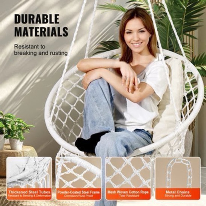 Scaun suspendat macrame Corenia QRE-2075119 in sfoara de bumbac cu perna, alb, capacitate 150 kg, 80×62.5×80 cm, perna 60×60 cm