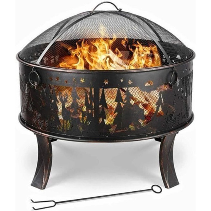 Gratar pe carbuni cu focar Corenia QRE-2067788, metal cu vopsea rezistenta la caldura, capac plasa si rostogoritor/roastiera incluse, negru, 69 x 69 x 65 cm