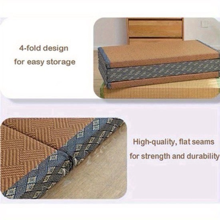 Saltea tatami Corenia QRE-2067130, pliabila in 4 din fibre naturale de iarba, pentru somn/meditatie/yoga, 200 x 120 x 3,5 cm, bej/albastru