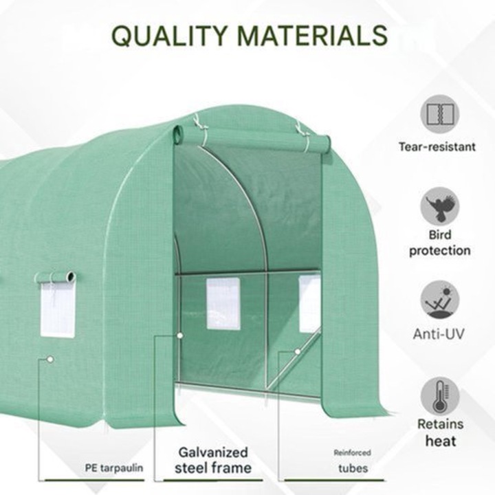 Sera tunel Corenia QRE-2067363, cadru din otel galvanizat 1,8 cm, folie PE 140 g/m² cu protectie UV, 6 ferestre cu plasa, usa cu fermoar, verde, 4,5 x 2 x 2 m