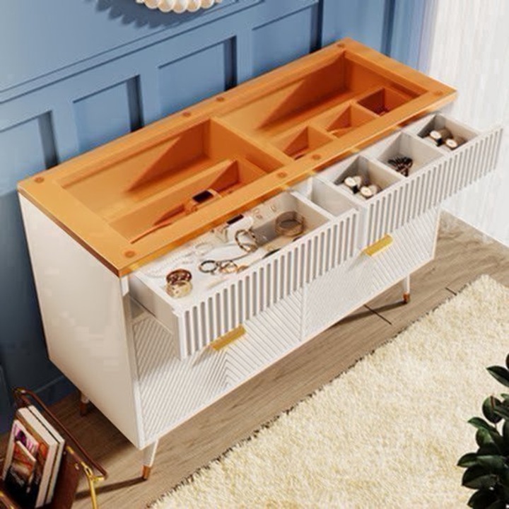 Comoda cu 6 sertare Corenia QRE-2067569, cadru din bambus lacuit, sertare chihlimbar cu manere aurii, Multicolor, 68,6 cm