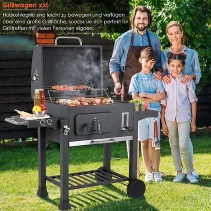 Gratar pe carbune Corenia QRE-2067619, suprafata grill 64x46 cm, gratar rotund O31 cm, raft incalzire 54x24 cm, tava carbuni reglabila in 6 trepte, termometru in capac, sertar pentru cenusa, 2 mese laterale, roti, negru