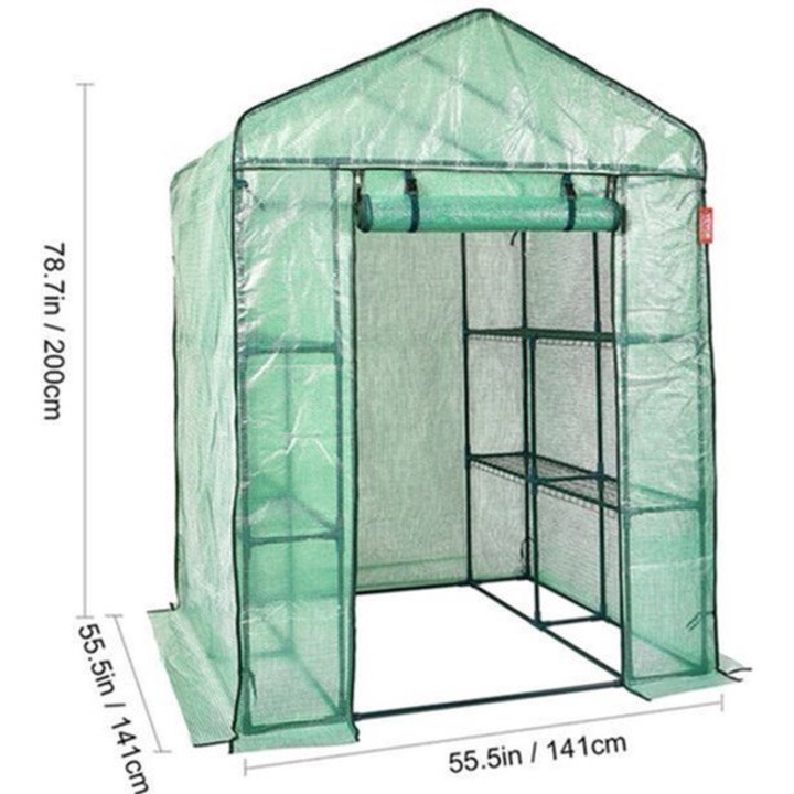 Sera de gradina Corenia QRE-2067635, single-span cu folie PE foarte rezistenta, cadru din teava de otel 0,45 mm, cu usa rulou si fereastra, verde, 141 x 141 x 200 cm