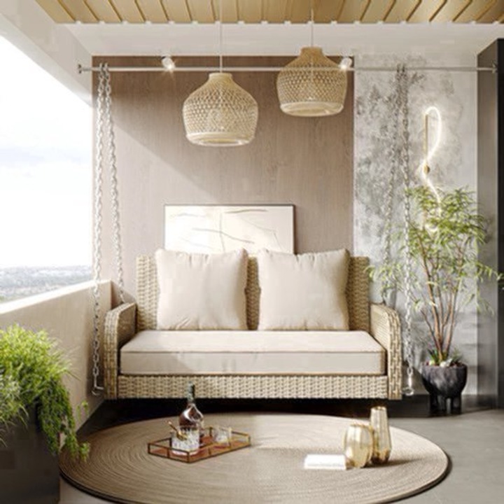Leagan de exterior pentru 2 persoane Corenia QRE-2067786, polyrattan rezistent la intemperii, perne 11 cm grosime, lanturi metalice 480 cm, sezut 113 x 54 x 53 cm, bej/crem