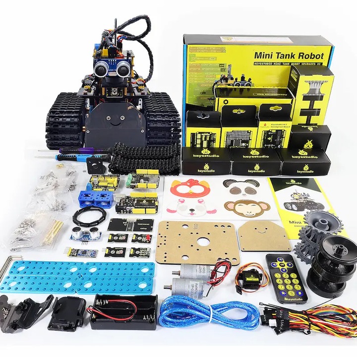 Комплект робот танк на вериги STEM Keyestudio KS0605 V2.1, Arduino, 15 проекта, Bluetooth, IR, ултразвуков, избягване на препятствия, LED панел 8x16