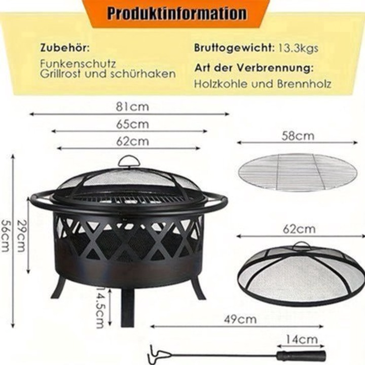 Focar de gradina Corenia QRE-2068113, din aliaj rezistent la caldura, cu gratar o58 cm si protectie pentru scantei, o81 cm x 56 cm, negru