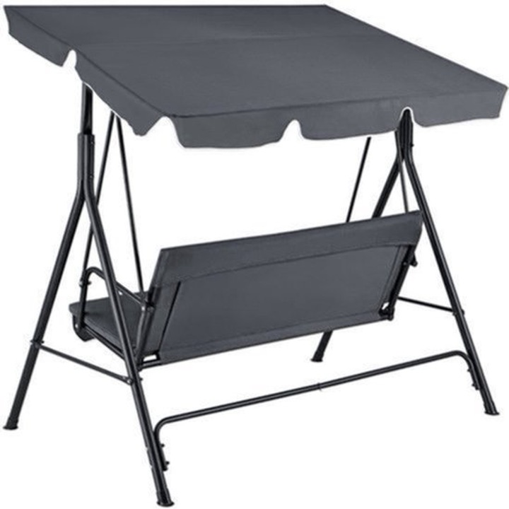 Leagan de gradina (Hollywood) Corenia QRE-2068604, 3 locuri, cadru otel vopsit electrostatic, tapiterie poliester rezistenta la apa, copertina reglabila, gri inchis, 172 x 112 x 152 cm