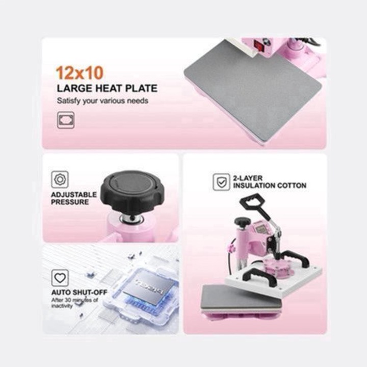 Presa termica pentru sublimare Corenia QRE-2068855, platou 12x10 inch (30x25 cm), 360° swing-away, afisaj digital, 32–232°C, timp 0–999s, reglaj presiune, dubla izolatie, roz