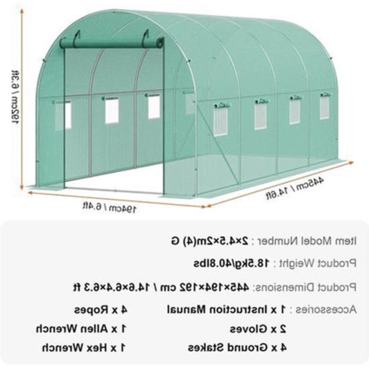 Sera tunel walk-in Corenia QRE-2081169, cadru din otel galvanizat O24 mm, husa PE UV 140 g/m², 345x195x192 cm, verde, 6 ferestre cu plasa, usa mare rulanta cu fermoar