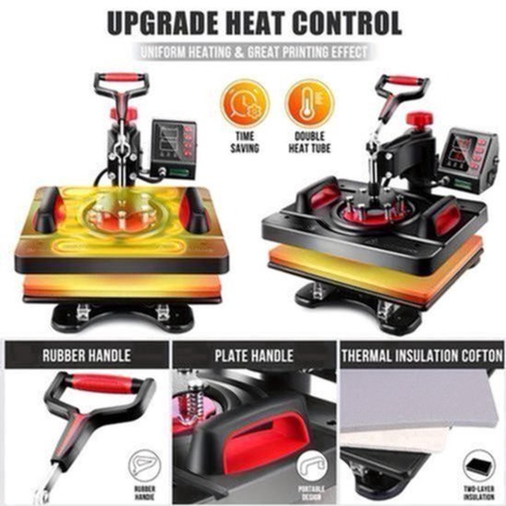 Presa termica Corenia QRE-2069575, 5-in-1 pentru transfer (tricouri, sepci, cani), suprafata 38 x 30 cm, 360° rotativa, control digital temperatura si timer, negru/rosu