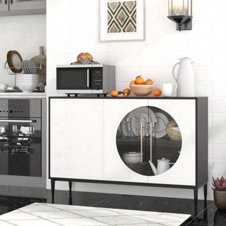 Bufet Corenia QRE-2068973, dressoir din MDF cu usi din sticla securizata, picioare metalice inalte 15 cm, sistem anti-rasturnare, polite reglabile, negru/alb, 119 x 35 x 80 cm