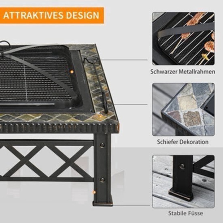 Focar de gradina 3-in-1 Corenia QRE-2069179, vatra/cos de foc cu gratar din otel vopsit negru, rezistent pana la 500°C, cu plasa pentru scantei si accesorii, 76 x 47 cm