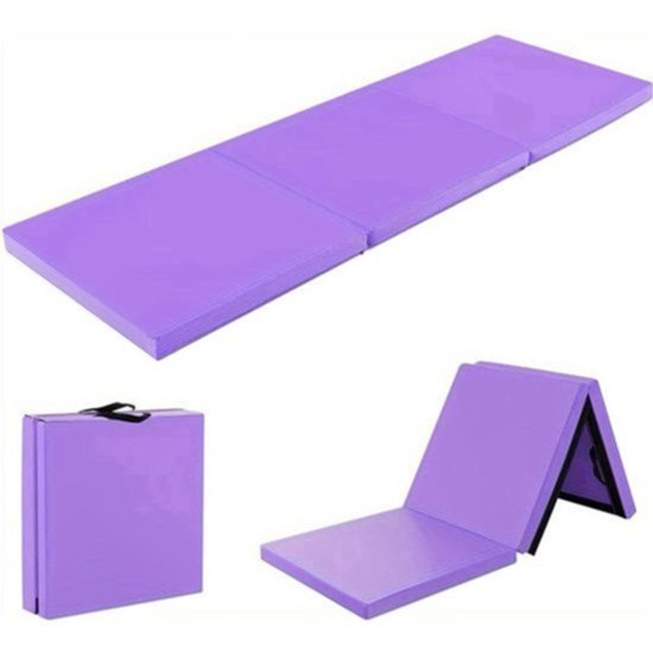 Saltea pliabila de gimnastica Corenia QRE-2069477, spuma groasa, acoperire din piele sintetica, cu manere integrate, mov