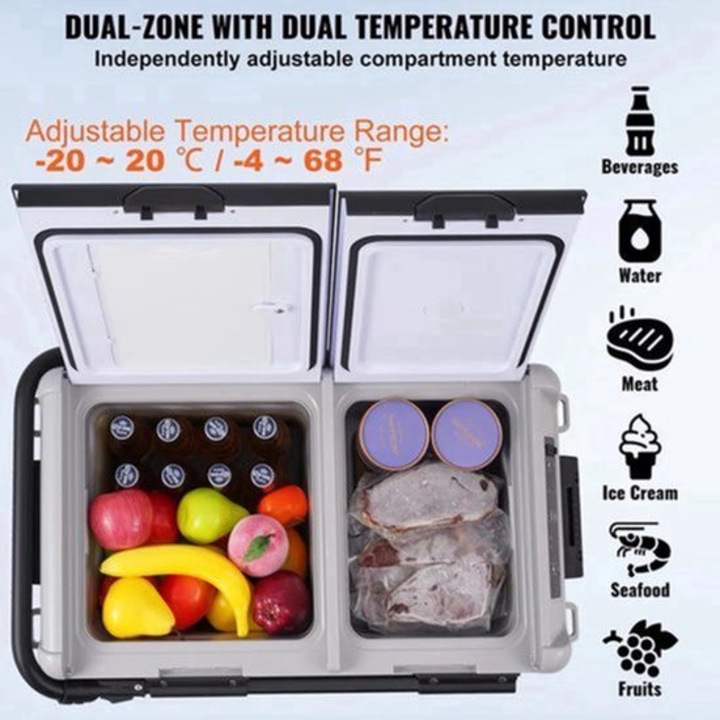 Frigider auto Corenia QRE-2069721, compresor dual-zone cu control temperatura independent, -20°C pana la +20°C, 50 L, 12/24V DC & 110/230V AC, cu roti si maner telescopic, gri