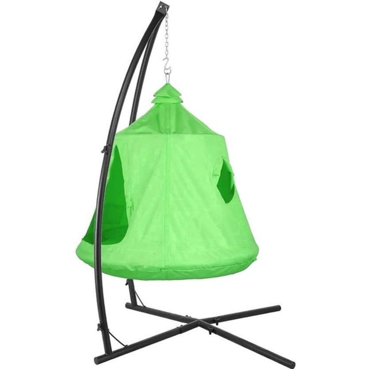 Scaun suspendat Corenia QRE-2069769, tip boomhut, 600D Oxford polyester, cadru metalic rezistent cu baza in X, perna gonflabila inclusa, banda LED, capacitate 150 kg, verde