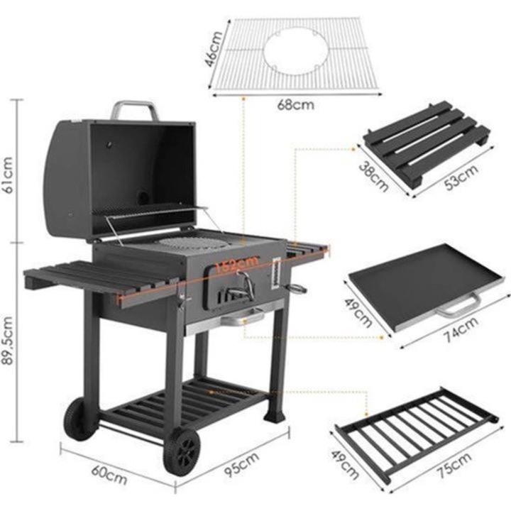 Gratar pe carbune Corenia QRE-2070294, extra mare, carcasa emailata portelan, cadru din otel inoxidabil, sertar pentru carbuni, 2 polite rabatabile, cu roti, negru, 95 x 60 x 89.5 cm