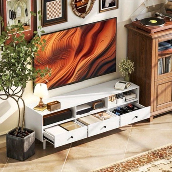 Comoda TV Corenia QRE-2074841, 3 compartimente deschise si 2 sertare, gestionare cabluri, cadru metalic, pentru TV pana la 75 inch, alb, 140 x 34 x 45 cm