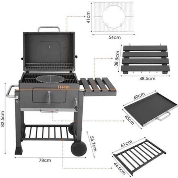 Gratar pe carbuni Corenia QRE-2070762, trolley cu roti, suprafata de gatit 578 in², tava reglabila pentru carbuni, termometru incorporat, 3 gratare si sertar pentru cenusa, otel cu vopsea pulbere, negru, 113 x 53.5 x 100 cm
