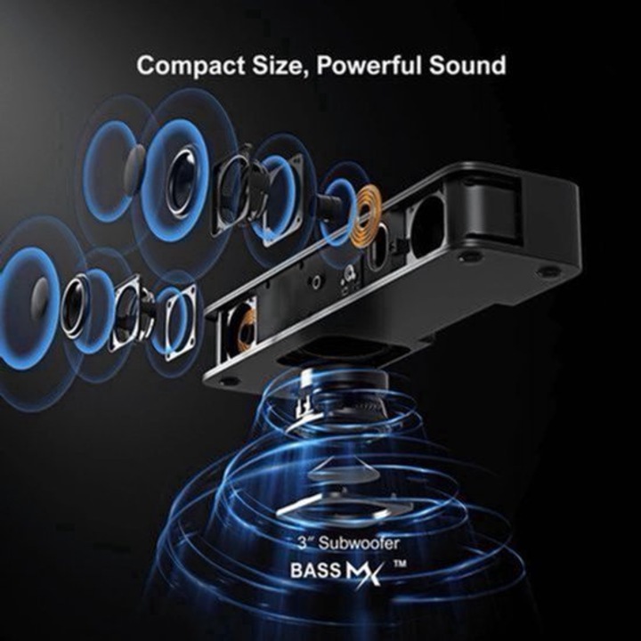 Soundbar Corenia QRE-2071042 2.1ch, 120W, subwoofer incorporat, Bluetooth 5.3, Smart App, 121 preseturi EQ si egalizor 10 benzi, intrare optica/AUX/USB, negru