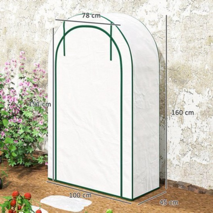 Sera de balcon Corenia QRE-2071717, cadru metalic, folie transparenta rezistenta la iarna, cu usa si rafturi, alb, 100 x 45 x 160 cm
