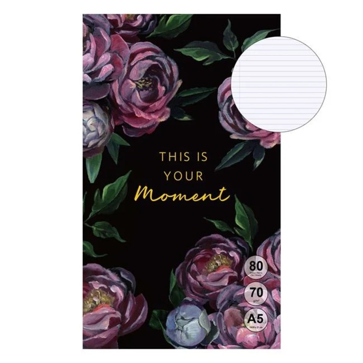 Carnetel Notite A5 Negru Floral cu Mesajul "This is Your Moment" - 80F