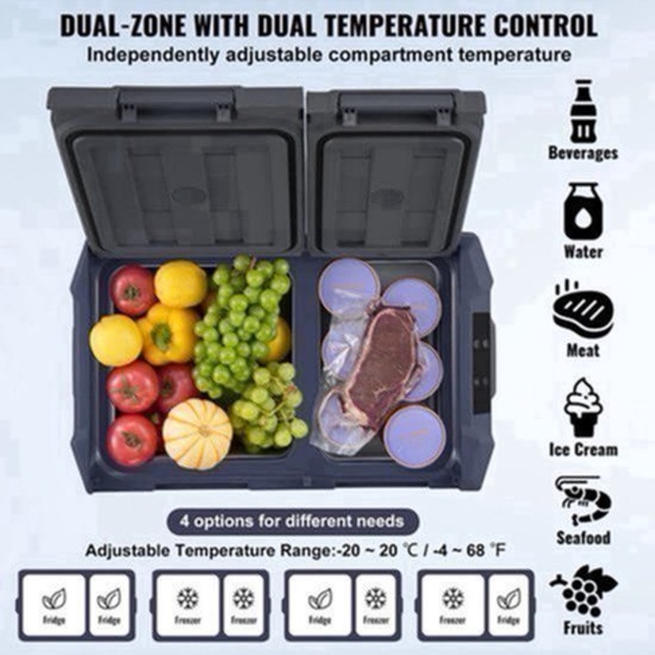Frigider portabil Corenia QRE-2071686, dual-zone cu compresor, -20°C pana la 20°C, 12/24V & 100-240V, silentios 45 dB, 25 L, gri inchis