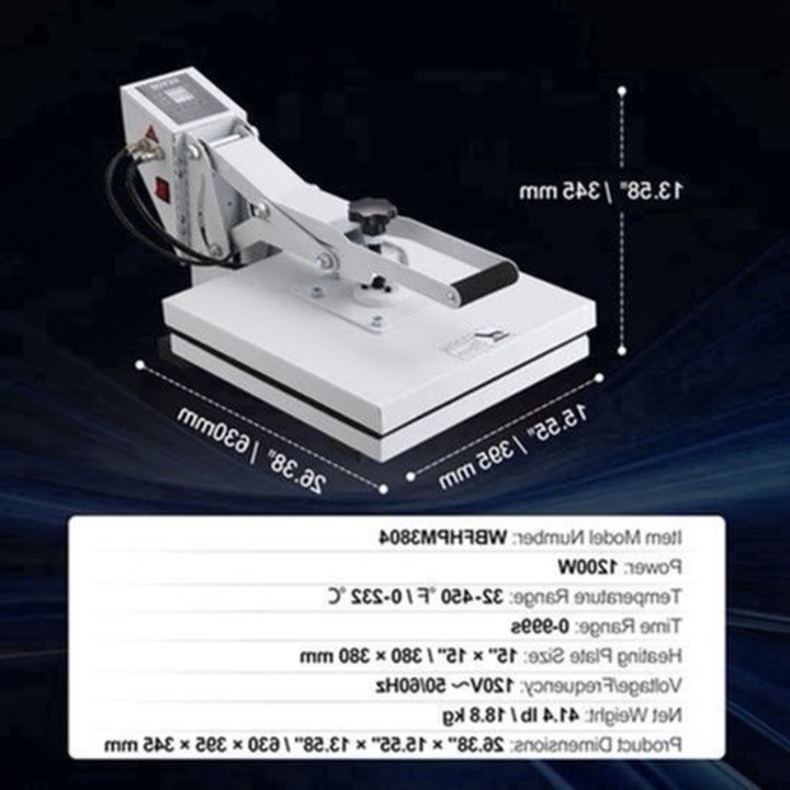 Presa termica Corenia QRE-2072454, presa transfer 15 x 15 inch (38 x 38 cm), 1200W, panou digital temperatura si timer, placa Teflon, presiune reglabila, alb